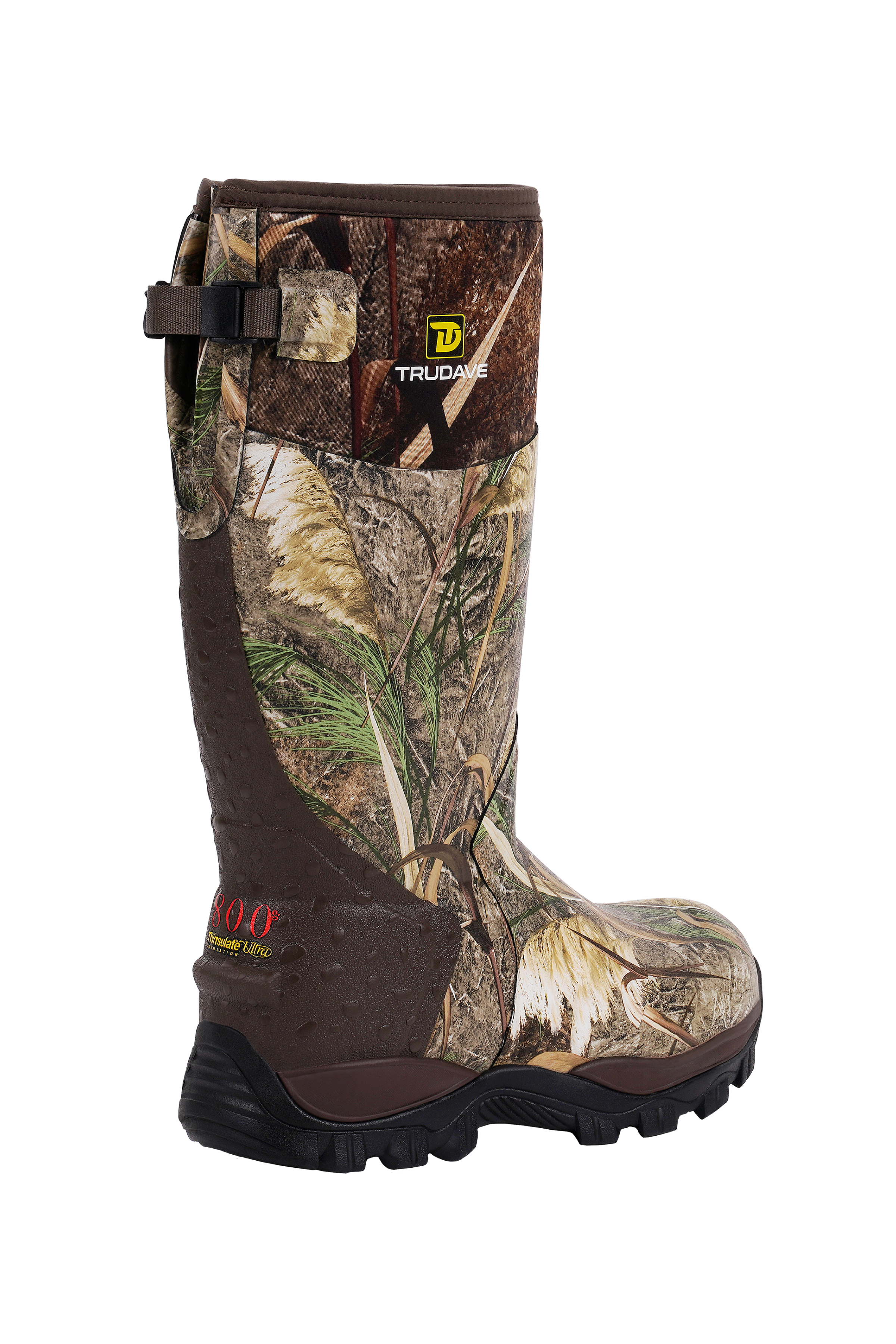 Rear view of Trudave WildGuard Series men’s tall waterproof camo hunting boots in reed grass pattern, showing reinforced heel design and pull-on tab for easy wear and enhanced durability in rugged outdoor conditions.
